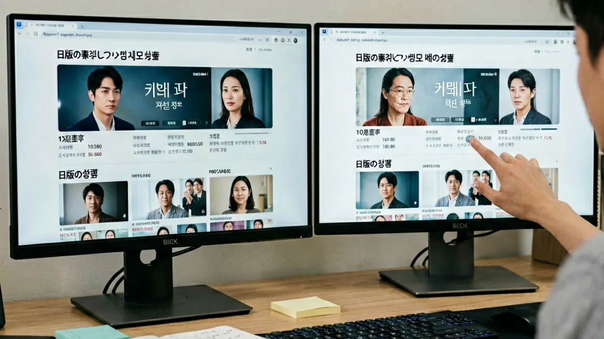 编辑团队在办公室对比日版与韩版流媒体内容条目，屏幕上显示东日韩二三区的数据表格