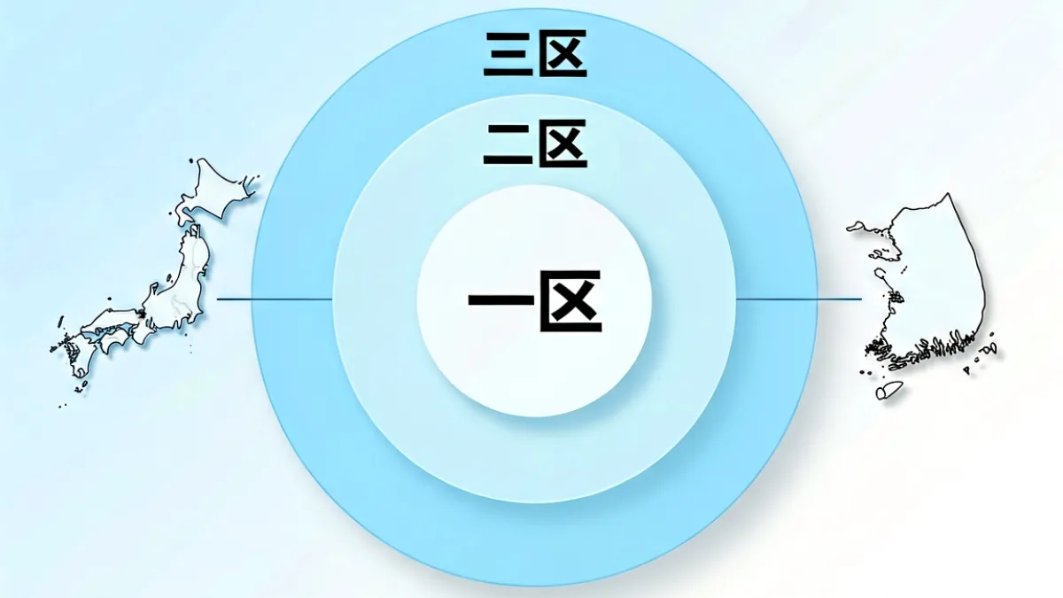 东日韩二三区区域科普图示，以地图与授权层级示意图解释分区结构与逻辑关系