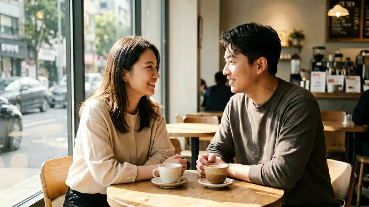 东日韩二三区韩剧浪漫喜剧场景，男女主角在咖啡馆相遇的温馨画面