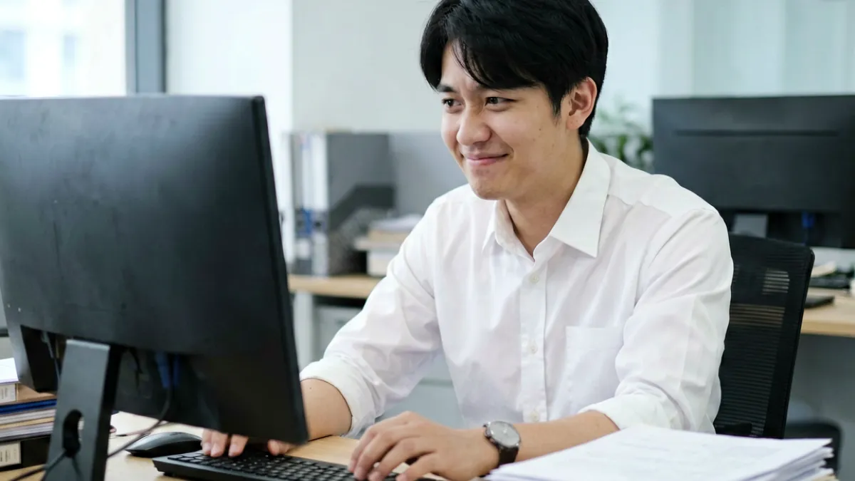 东日韩二三区日本职场轻喜剧截图，主角坐在办公室里露出苦笑的表情