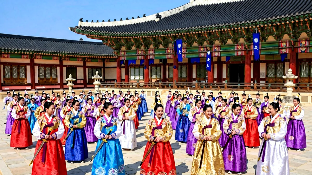 东日韩二三区韩国历史古装剧大场面布景，宫廷庭院中的群演阵列